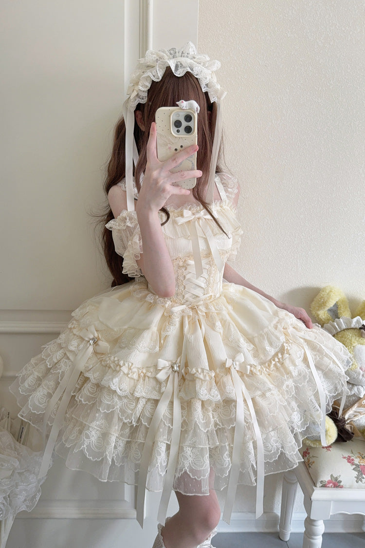 Apricot Princess Ballet Lolita JSK Dress with Multi-Layer Ruffles Bowknot Lace-Up Design