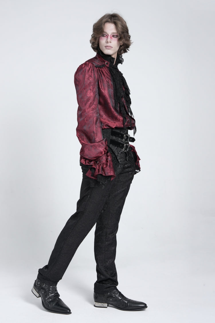 Crimson Puff Sleeve Men's Gothic Shirt with Lace Tie