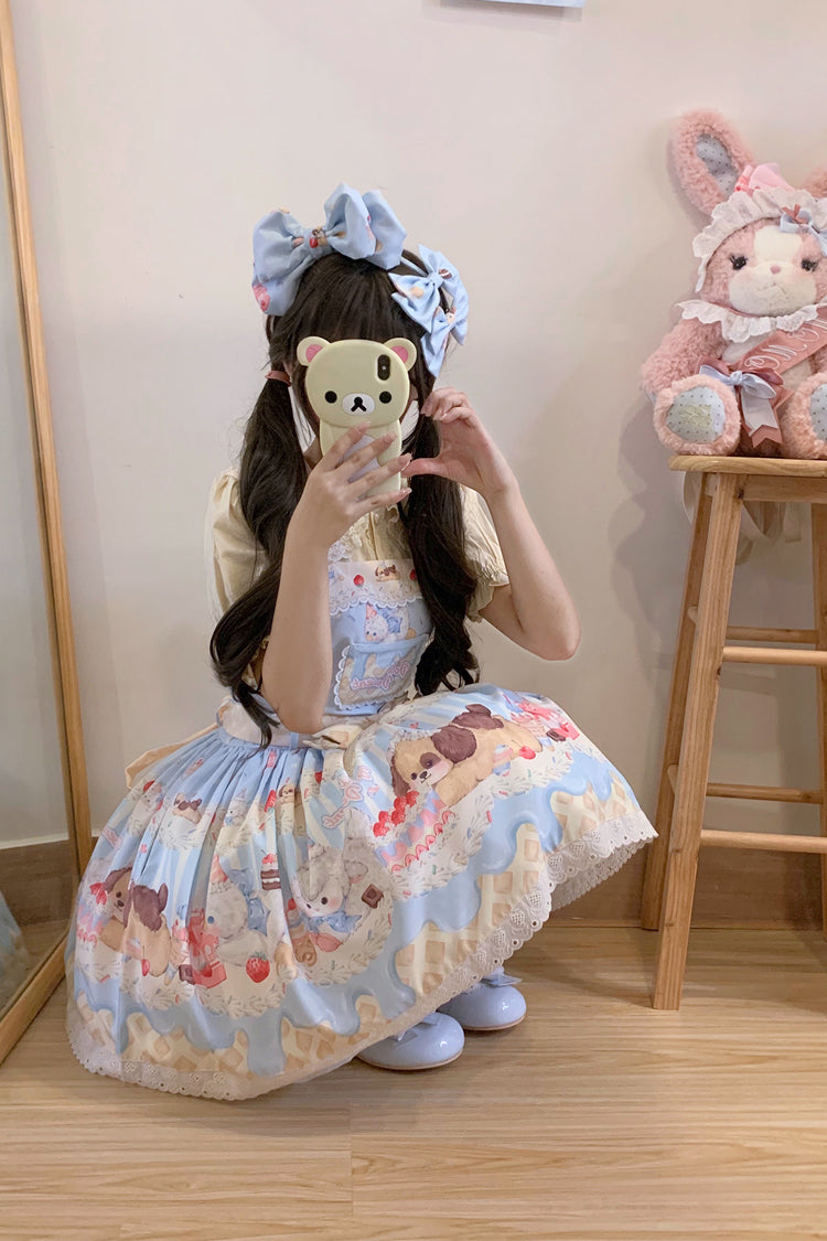 Cream Party Printed Bow Stitching Lace Sweet Lolita JSK Dress