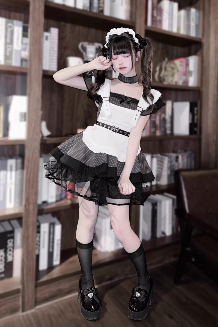 Grey/Black Short Sleeve Stripe Print Ruffle Jirai Kei Dress