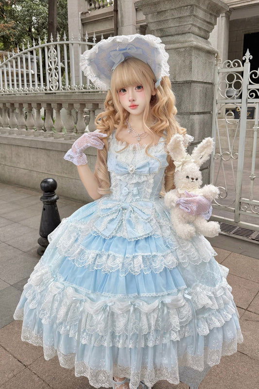 Eternal Floral Message Square Collar Sleeveless Multi-Layered Embroidered Bow Lace Sweet Lolita Jsk Dress - Blue