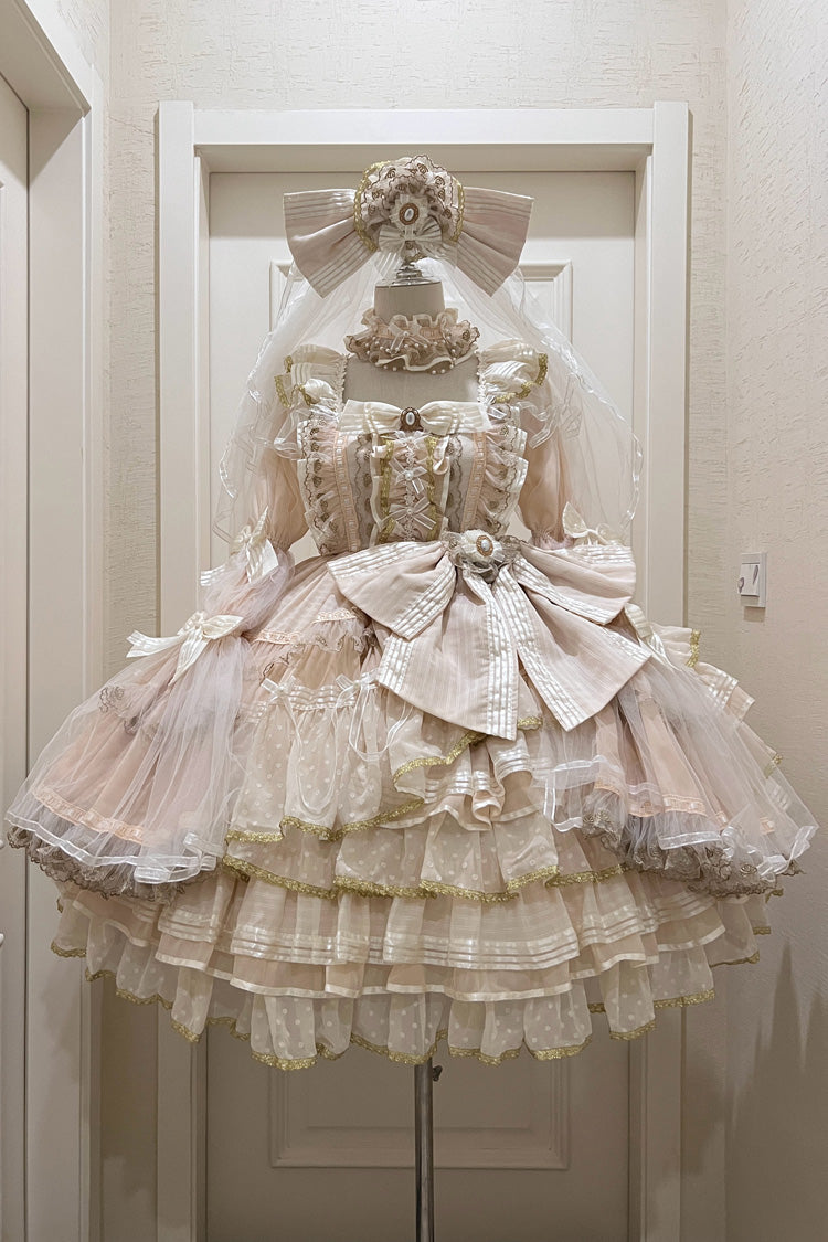 Gorgeous Apricot Trumpet Sleeve Layered Ruffle Bow Lace Lolita Dress Set