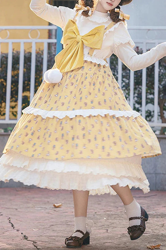 Yellow Stuffed Bear Printed Bow Sweet Lolita Jumper Dress