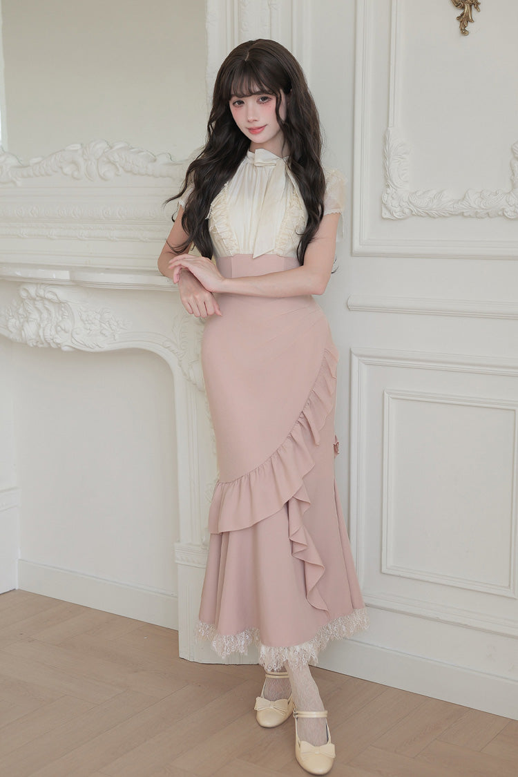 Blush & White Round Collar Short-Sleeve Ruffled Bow Lace Color-Blocked Boned Sweet Lolita Dress