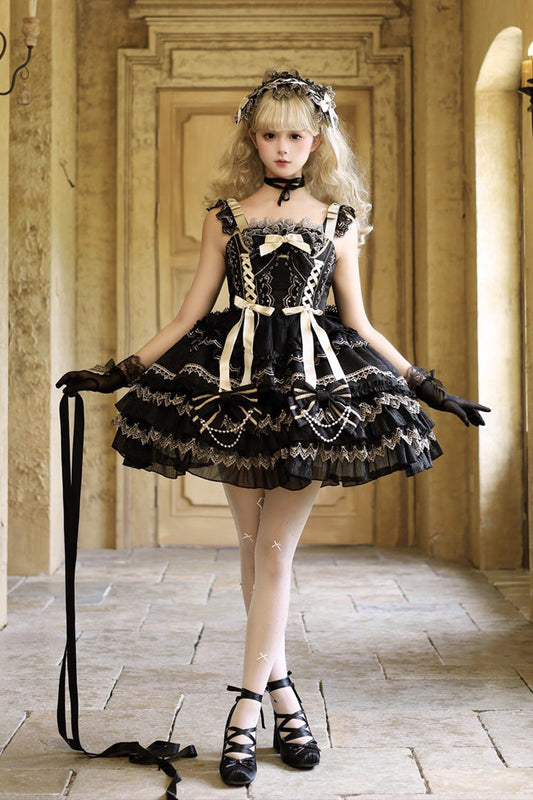 Black Gilded Memories Sleeveless Double-Layered Ruffle Hot Stamping Bowknot Lace Sweet Lolita Jsk Dress