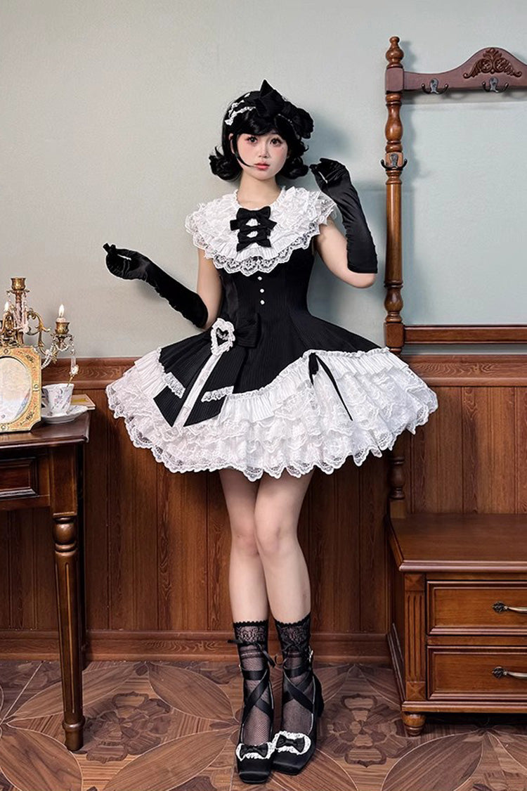 Black/White Asymmetric Lace Bow Sleeveless Multi-Layer Ruffle Sweet Lolita Dress - Miss Tsundere
