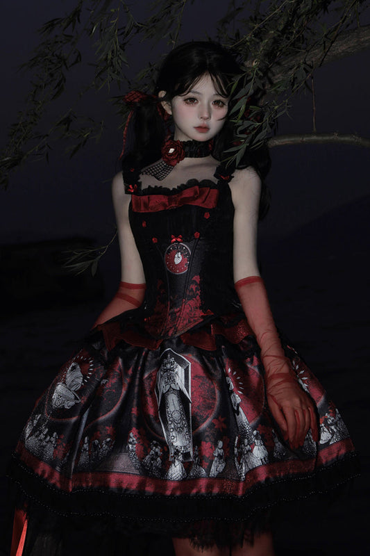 Red Dark Moon Corridor Print Embroidery Gothic Lolita Dress Skirt