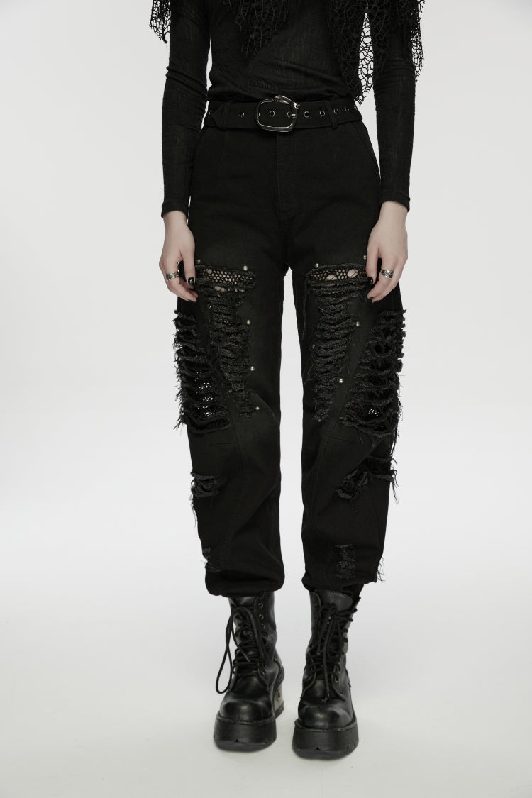Decadent Denim Pants with Rips and Eyelets for Women