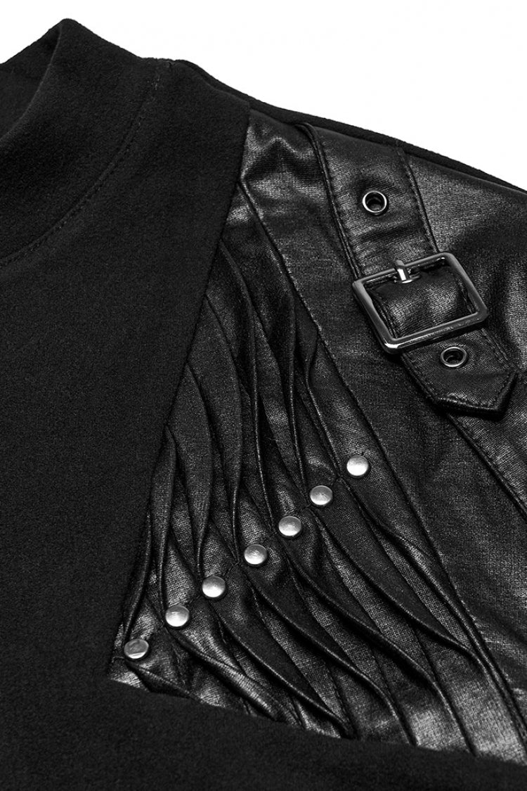 Shadow Crewneck Long-Sleeve Buckled Strappy Pleated Eyelet Punk Top for Men