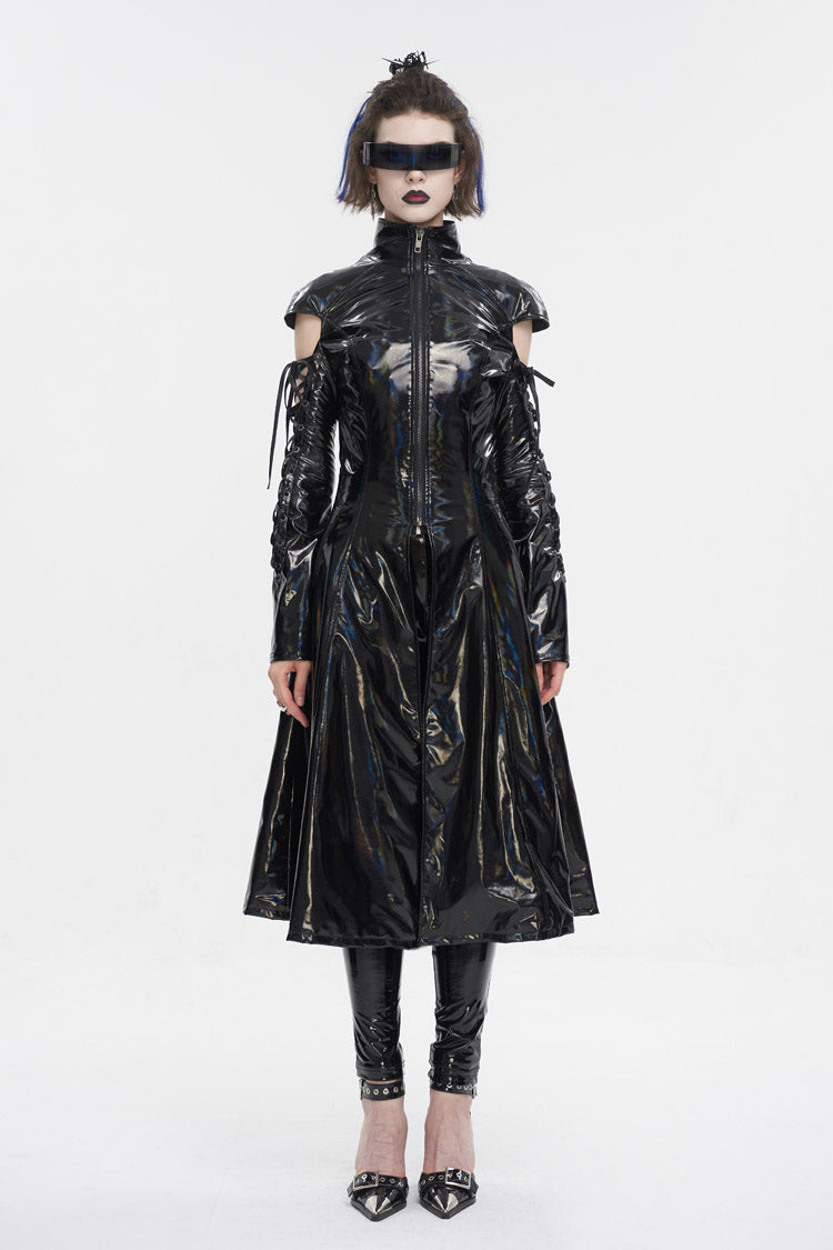 Patent Leather Mesh Spliced Long Punk Coat for Women Lace-Up