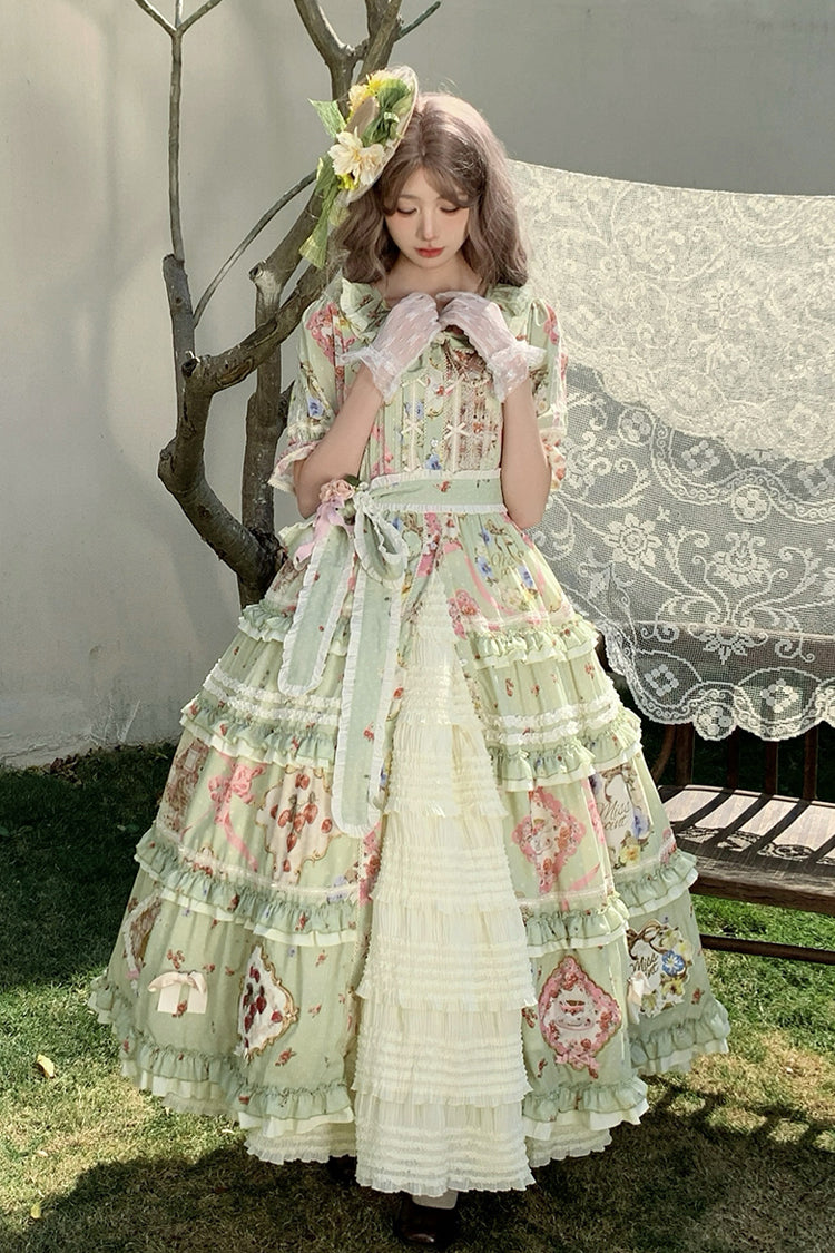 Green Short Sleeve Print Ruffle Cardigan Bowknot Gorgeous Dress