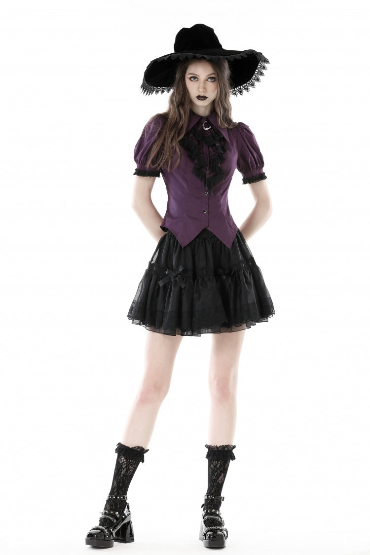 Periwinkle Moon Frill-Collar Puff-Sleeve Gothic Top