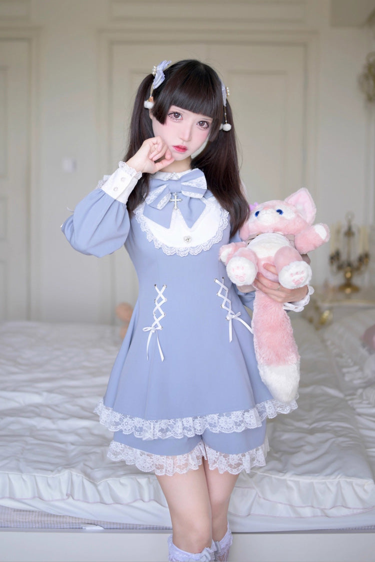 Grey/Blue [Divine love] Long Sleeves Hollow Bowknot Lace Lace-Up Sweet Jirai Kei Dress Shorts Set