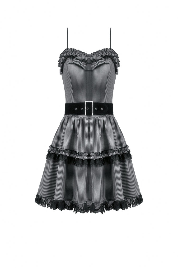 Ruffled Pinstripe Sleeveless Mini Slip Dress - Gothic