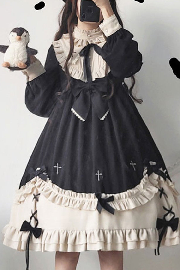 Coal Crewneck Chest Bow Cross Print Ruffled Sweet Lolita OP Dress