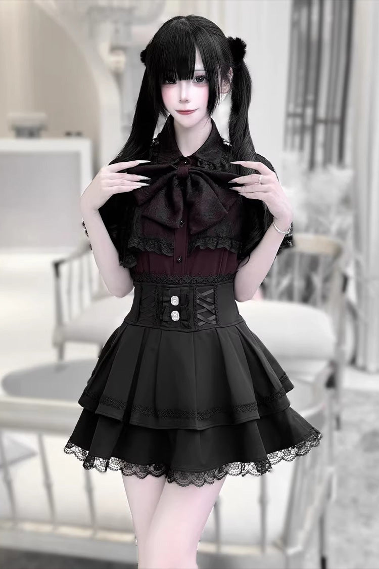Dark Moon Shadow Double Layered Ruffled Embroidered Lace Up Gothic Lolita Set