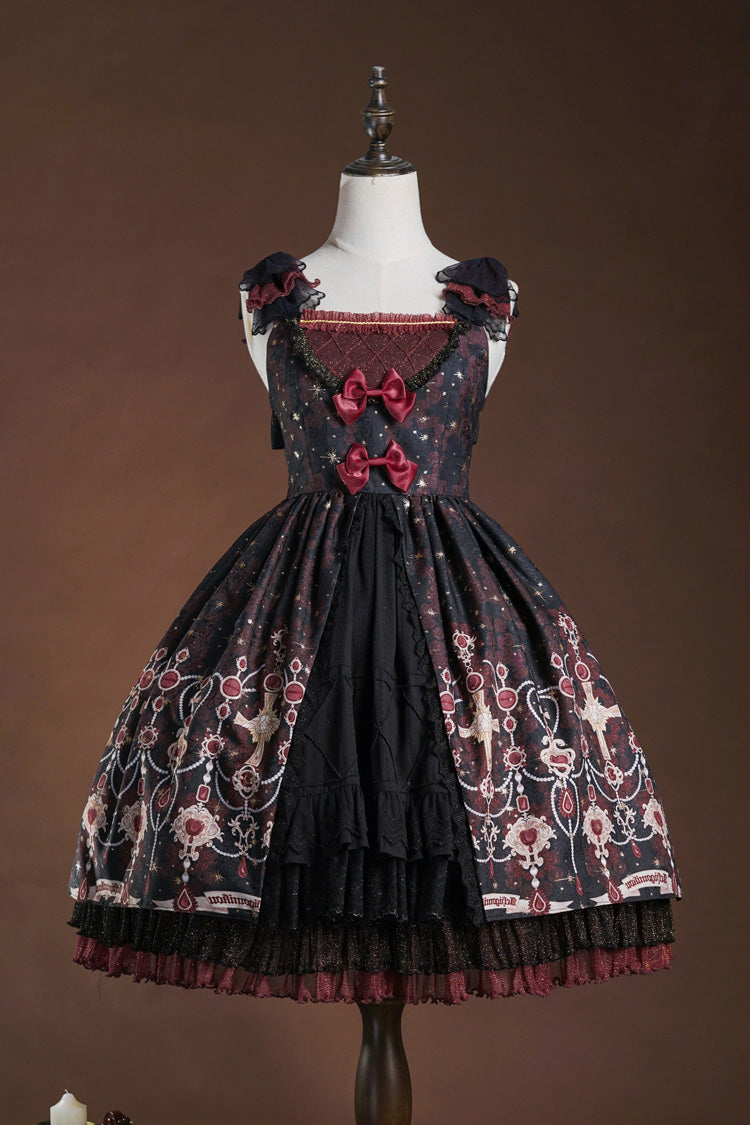 Red Black Triple-Layered Print Ruffle Hot Stamping Cardigan Bowknot Elegant JSK Dress