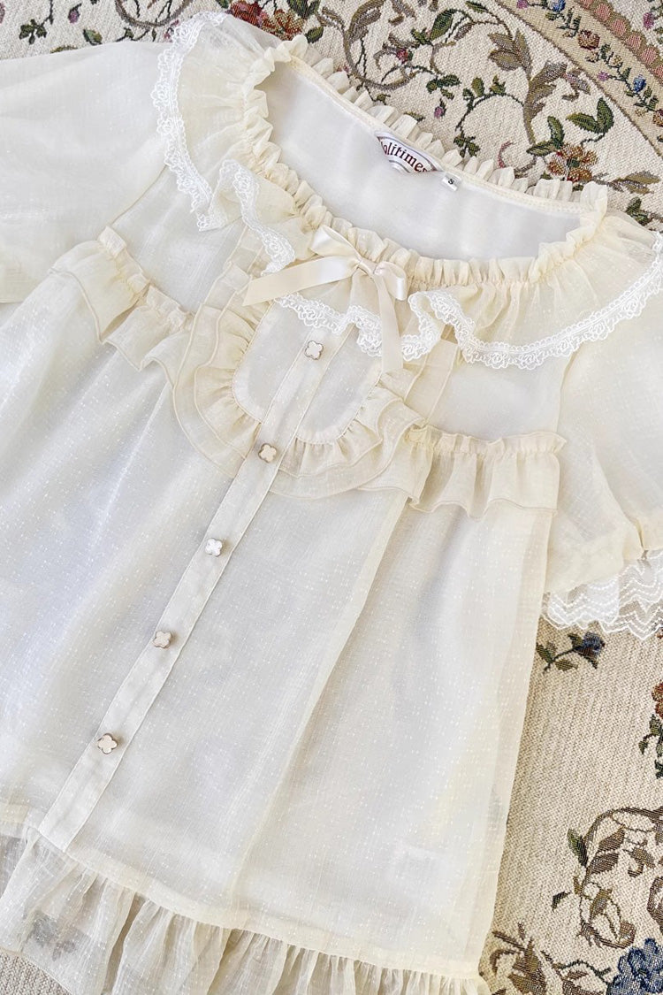 Elegant Round-Collar Ruffle Short-Sleeve Chiffon Blouse in Two Tones
