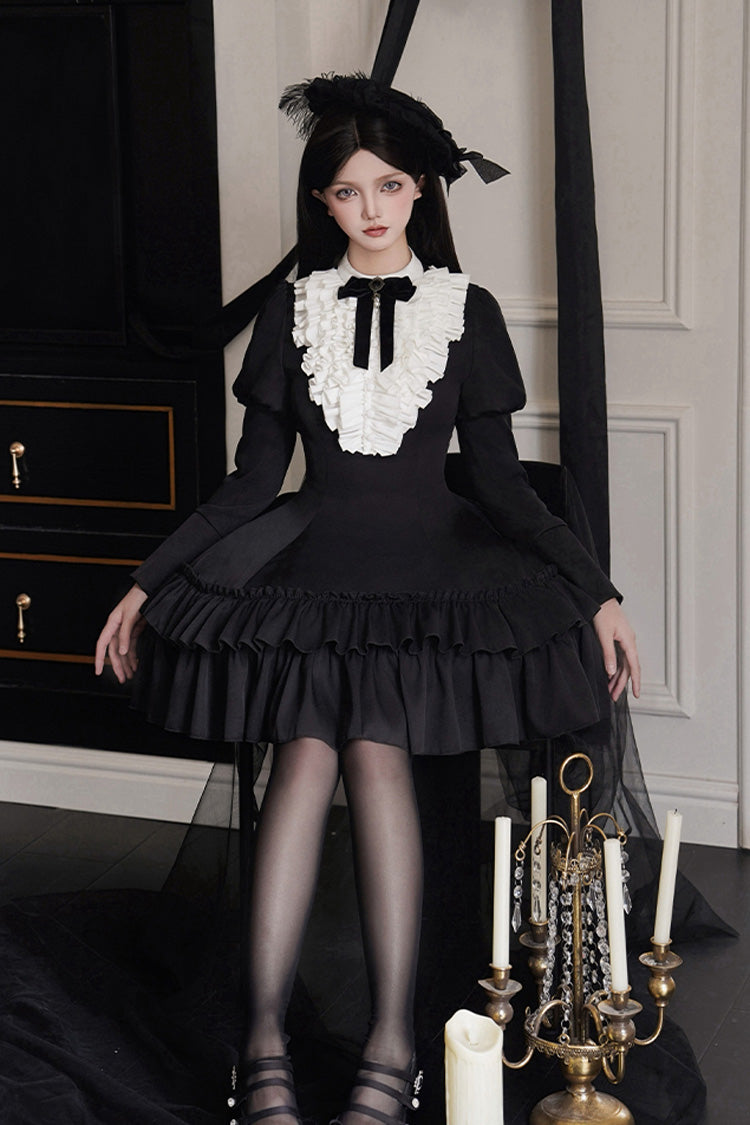 Black Miss Weir Stand Collar Long Sleeved Double-Layered Ruffled Gothic Dress