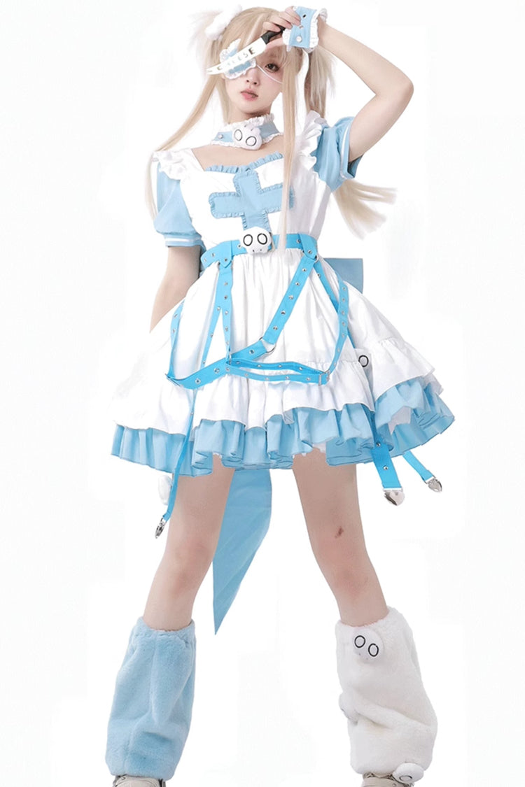 White/Blue [Treatment Room] Short Sleeve Ruffle Embroidery Jirai Kei Gown Set