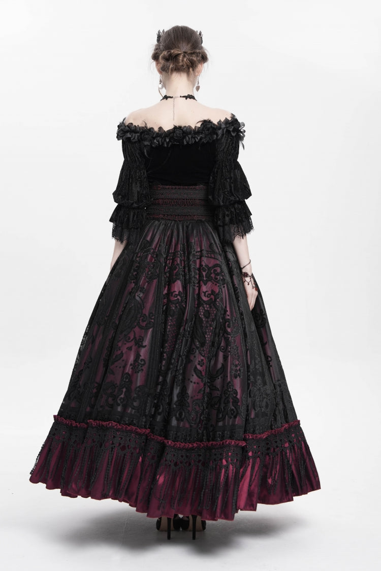 Scarlet Jacquard Embroidered Long Gothic Skirt with Buckle and Tassels