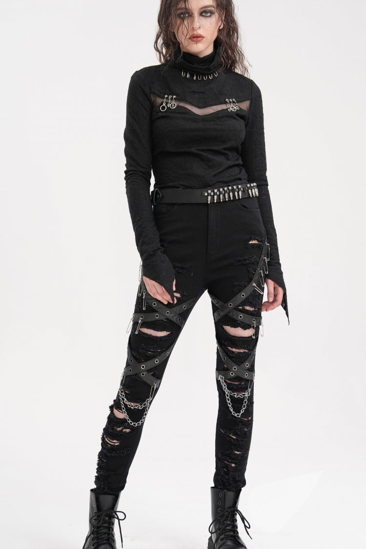 Punk Pants for Women with Ripped Mesh and Chain Detail