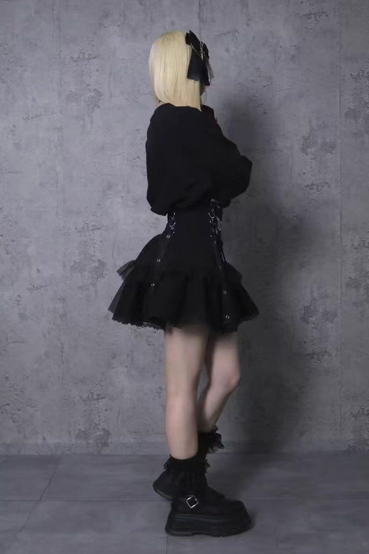 Black High Waisted Ruffle Embroidery Gothic Jirai Kei Japanese Mini