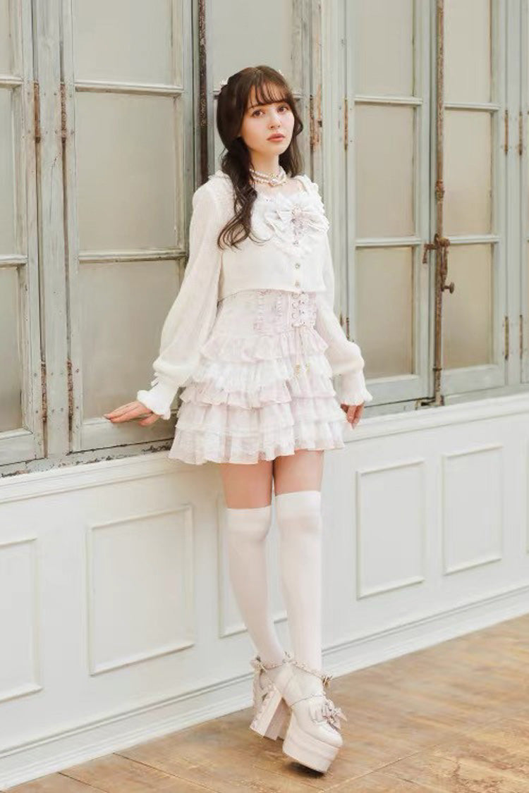 Multi Layered Ruffled Bow Print Long Sleeve Jirai Dress in Three Shades