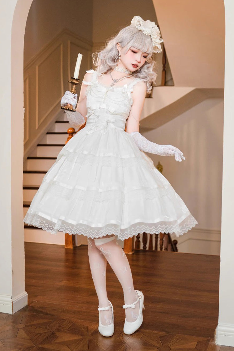 Ivory Sleeveless Multi-Layer Ruffle Bow Sweet Lolita JSK