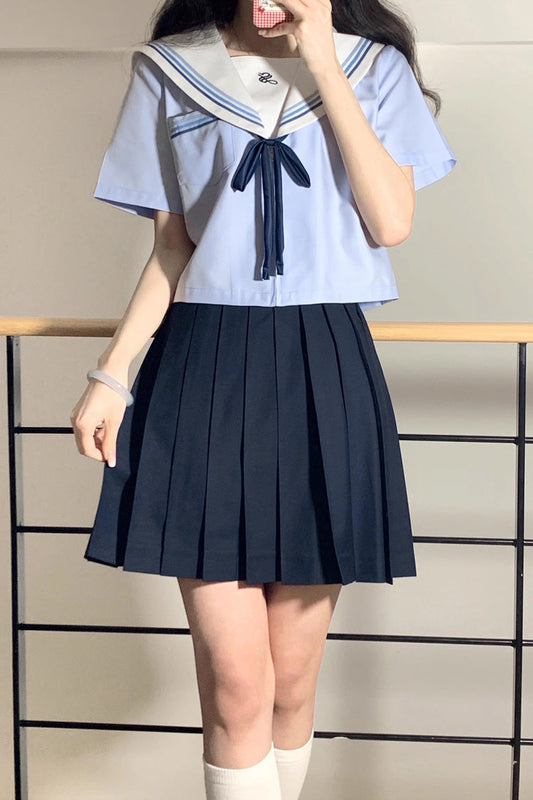 Navy Sailor-Inspired Pleated School Skirt with Sweet Charm