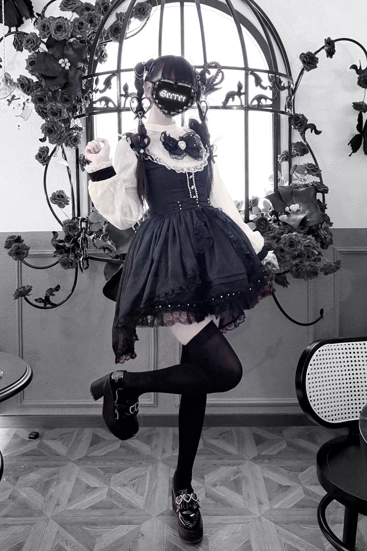 Black/White Thorn Doll Long Sleeves Ruffled Bow Pearl-Decorated Gothic Jirai Kei Gown