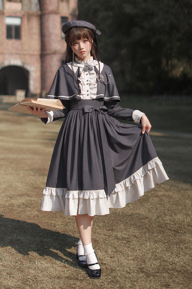 Striped Ruffle Bowknot Long Sleeve College Style Lolita Dress Dark Blue