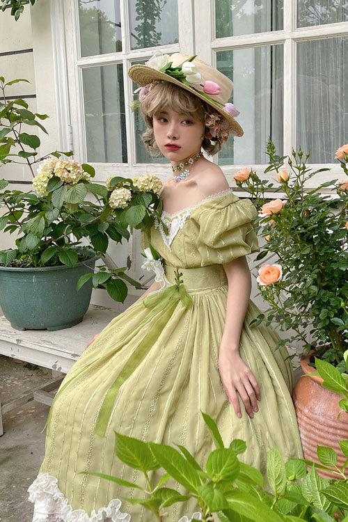 Green Square Collar Short Sleeve Multi-Layer Ruffled Classic Lolita OP Dress - Altfashion Shop