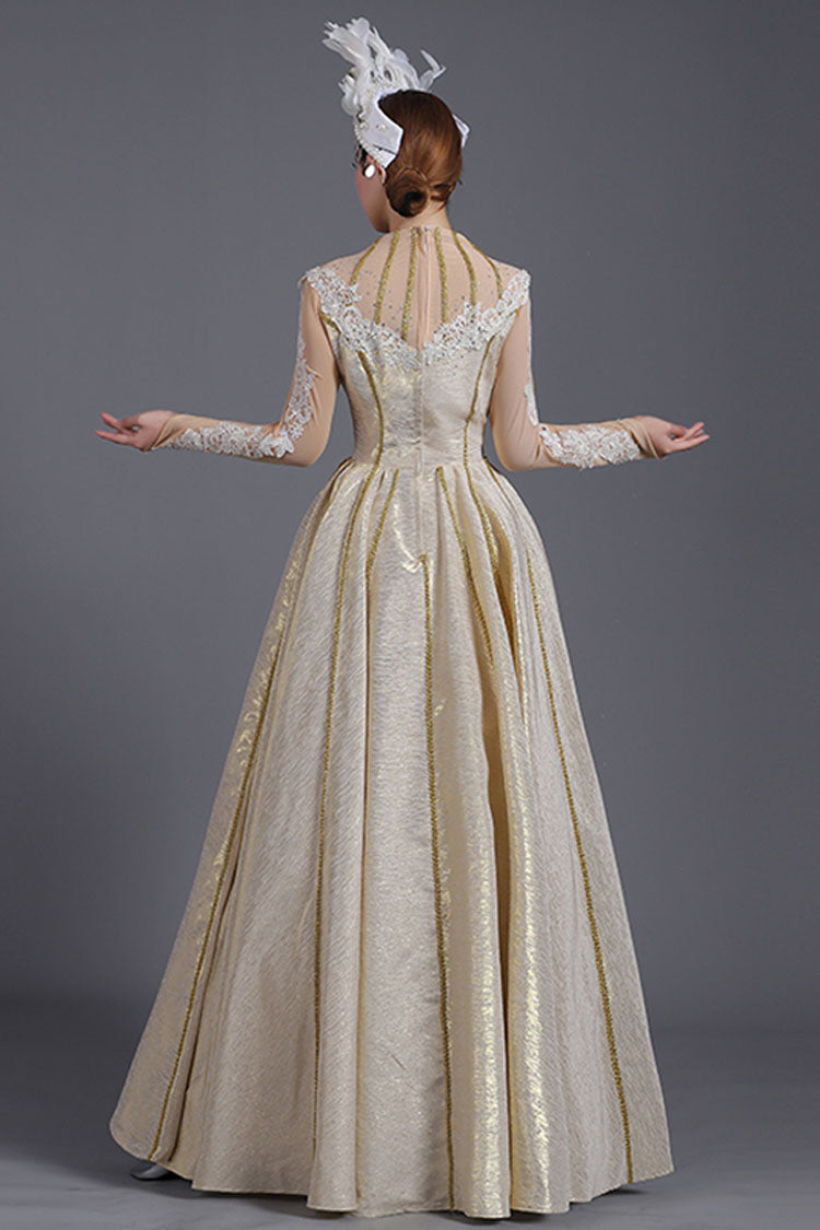 Golden Embroidered High-Waist Victorian Gown