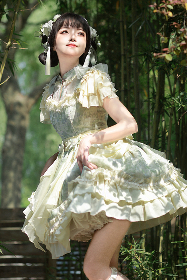 Jade Chiffon Double-Ruffle Bowknot Lace Chinese-Style Lolita Dress