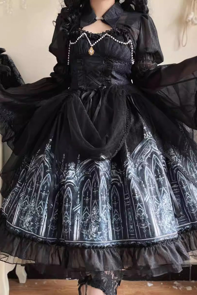 Black Sleeveless Silent Night Print Ruffle Gothic Jsk Dress