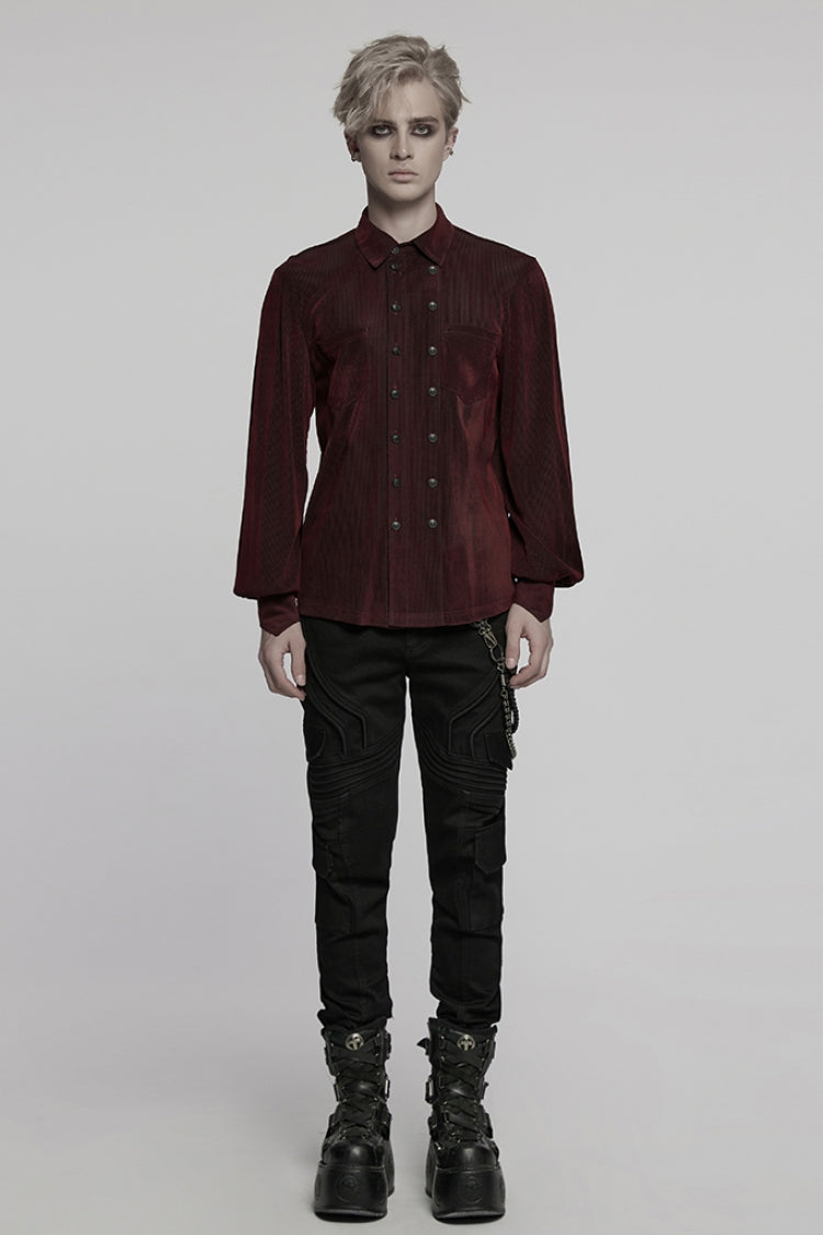 Noir & Crimson Double-Breasted Puff-Sleeve Gothic Shirt