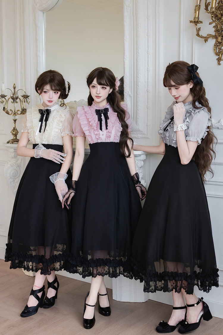 Miss Lola Snow Kiss Stand Collar Short Puff Sleeves Ruffled Color-Blocked Faux Two-Piece Sweet Lolita Long Dress 3 Colors - Black