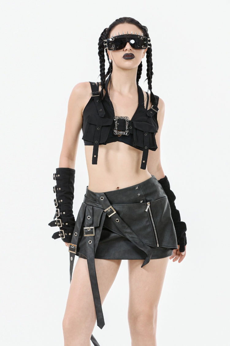 Functional Black Buckled Halter Punk Utility Vest