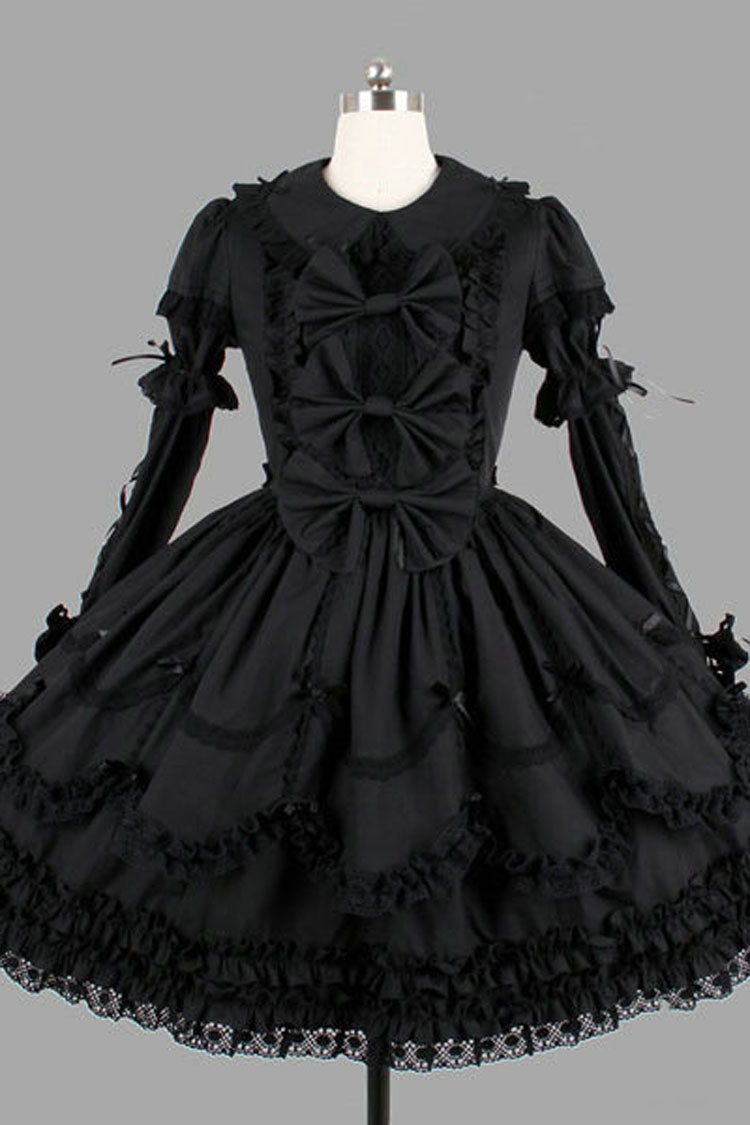 Black Cotton Gothic Lolita Dress Lapel Collar Long Sleeves Bowknot Ruffled - Altfashion Shop
