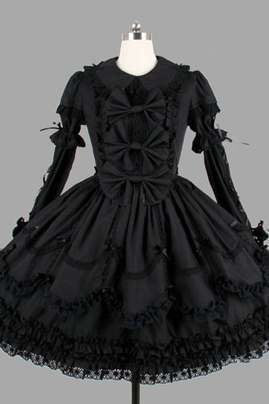 Black Cotton Gothic Lolita Dress Lapel Collar Long Sleeves Bowknot Ruffled - Altfashion Shop