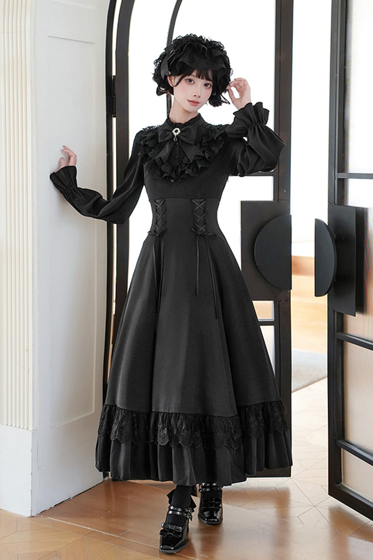 Letters Poems Day Night Stand Collar Long Sleeves Ruffle Bowknot Lace-Up Gothic Lolita Dress