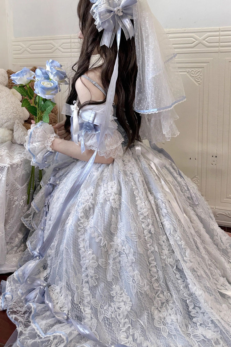 Blue Diane Rose Short Sleeve Jacquard Ruffle Cardigan Bow Lace Sweet Lolita Dress