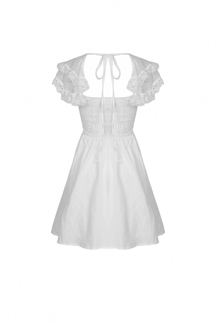 White Layered Lace Square Collar Strappy Gothic Mini Dress