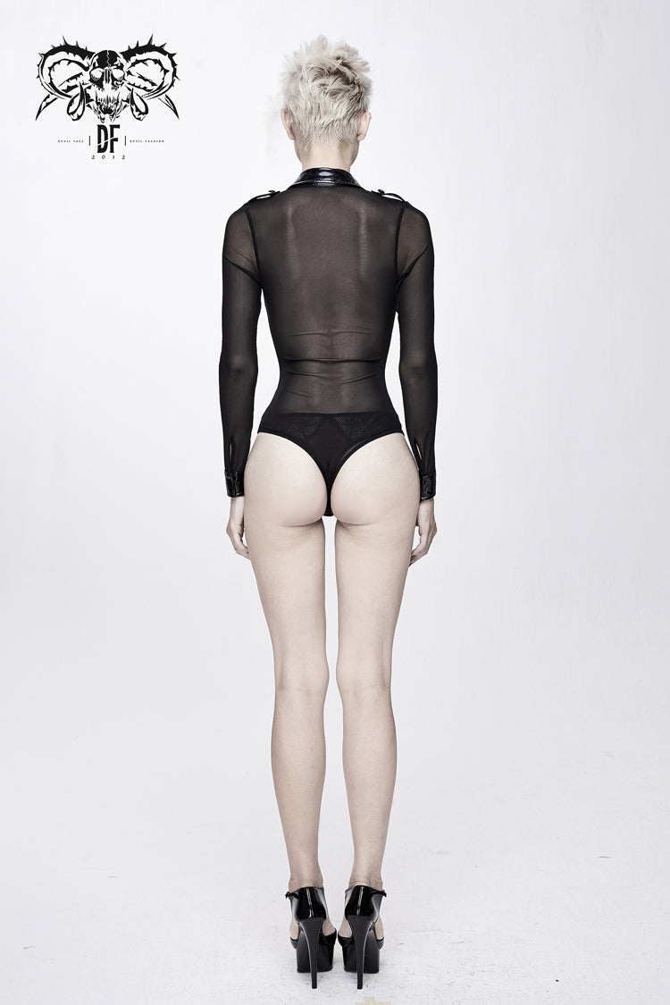 Vinyl Mesh Spliced Long Sleeve Punk Bodysuit Top
