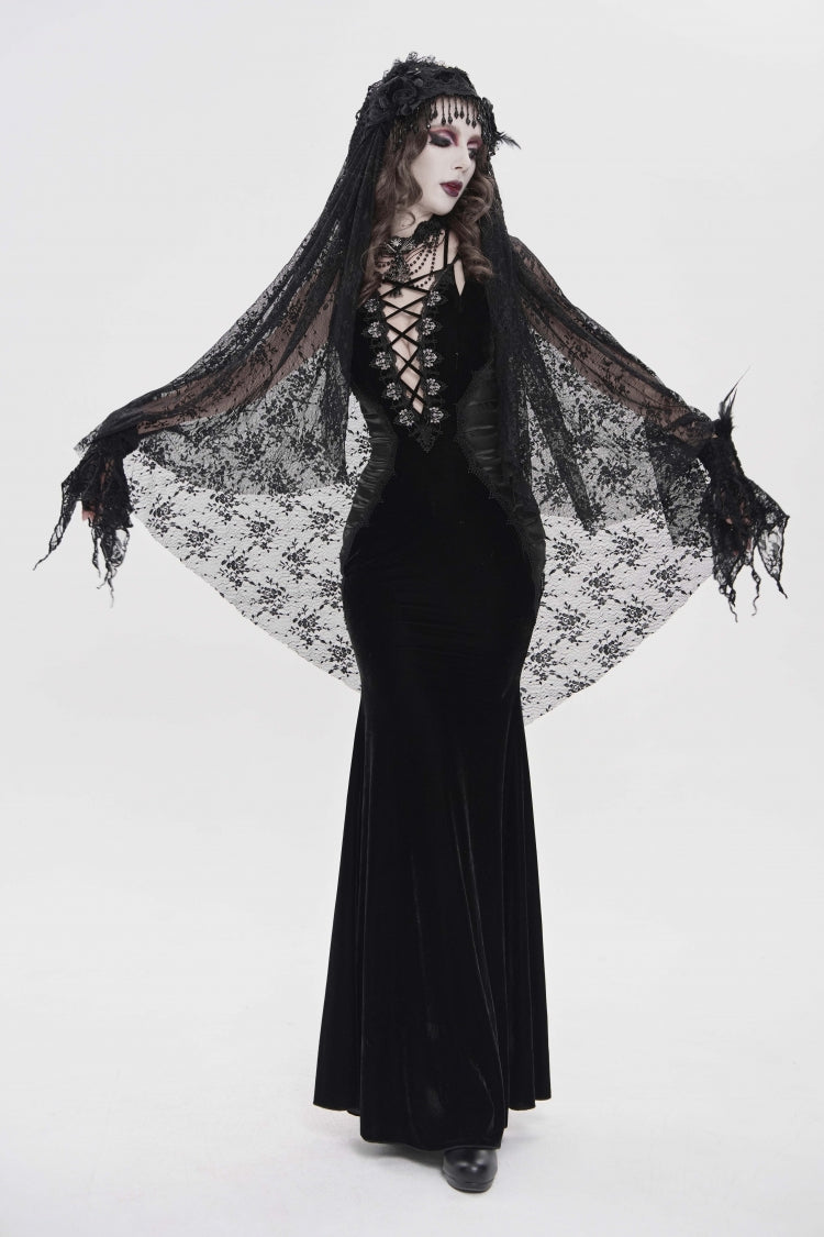Off Shoulder Sleeveless Spliced Lace-Up Slim Pleated Gothic Jsk Dress