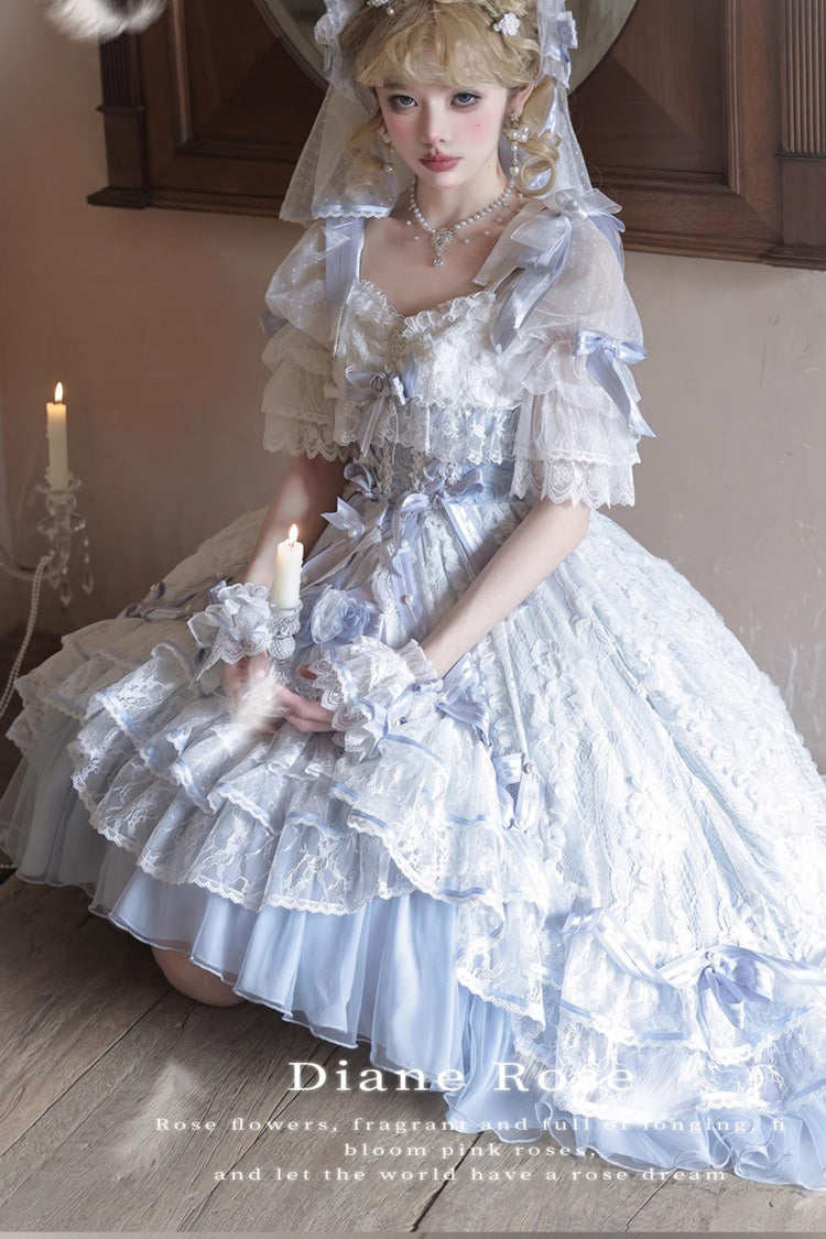 Blue Diane Rose Short Sleeve Jacquard Ruffle Cardigan Bow Lace Sweet Lolita Dress