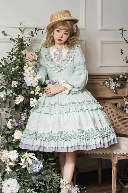 Jade Embroidered Ruffle Bow Plus-Size Elegant Lolita Dress