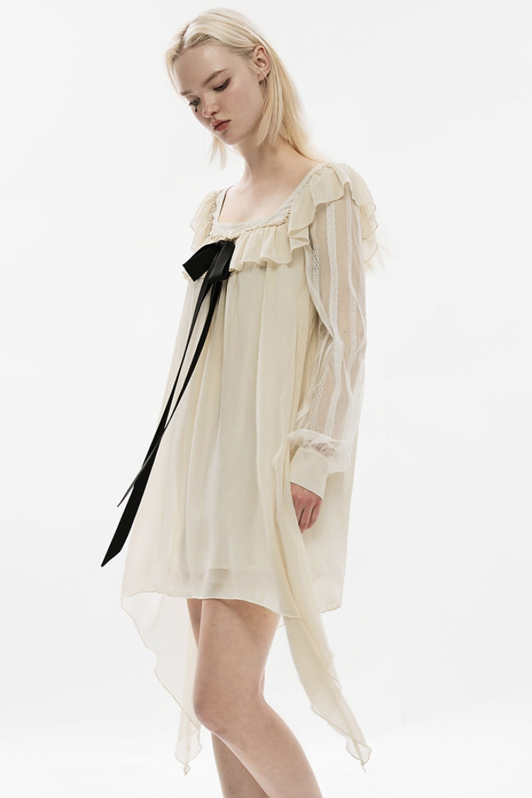 Gothic Bowknot Lace Trim Dress with Detachable Brooch Pin