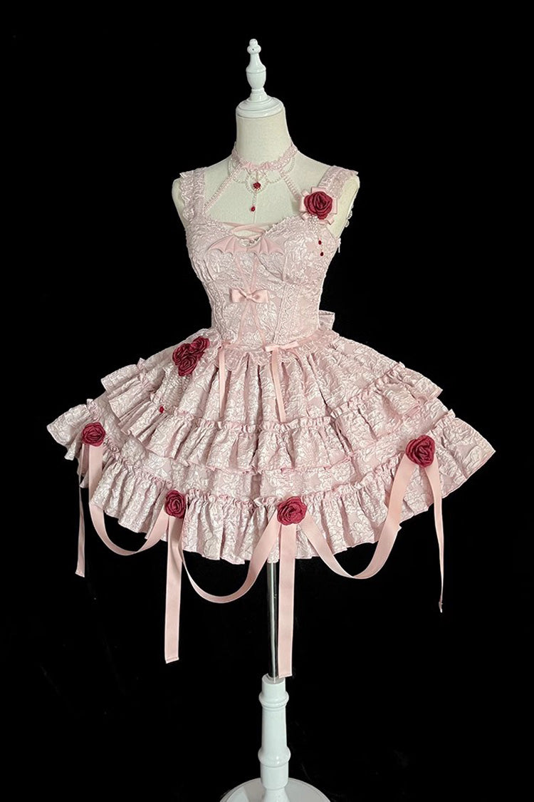 Rosy Mourning Rose Double-Tier Frill Bow Accent Lace Ballet Skirt Set
